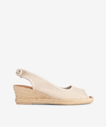 SANDÁLIA PEEP TOE EM CANVAS COM SOLA DE CUNHA CORDA